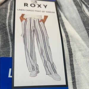 Roxy Striped Linen Cargo Pants in Black and White L NWT